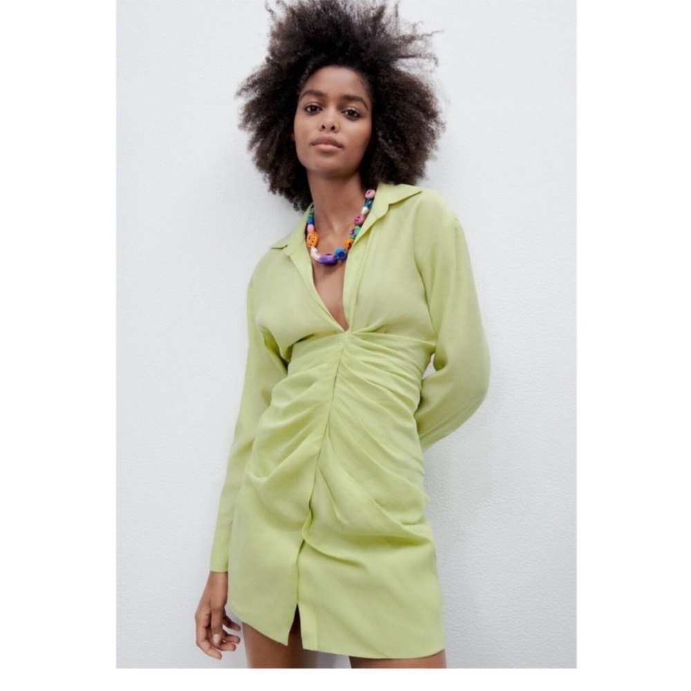 Zara Light Green Mini Linen Draped Dress